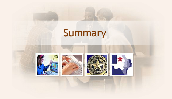 Summary title screen showing collage of images: employee looking at computer, hands typing on keyboard, State of Texas seal, and HHS system logo